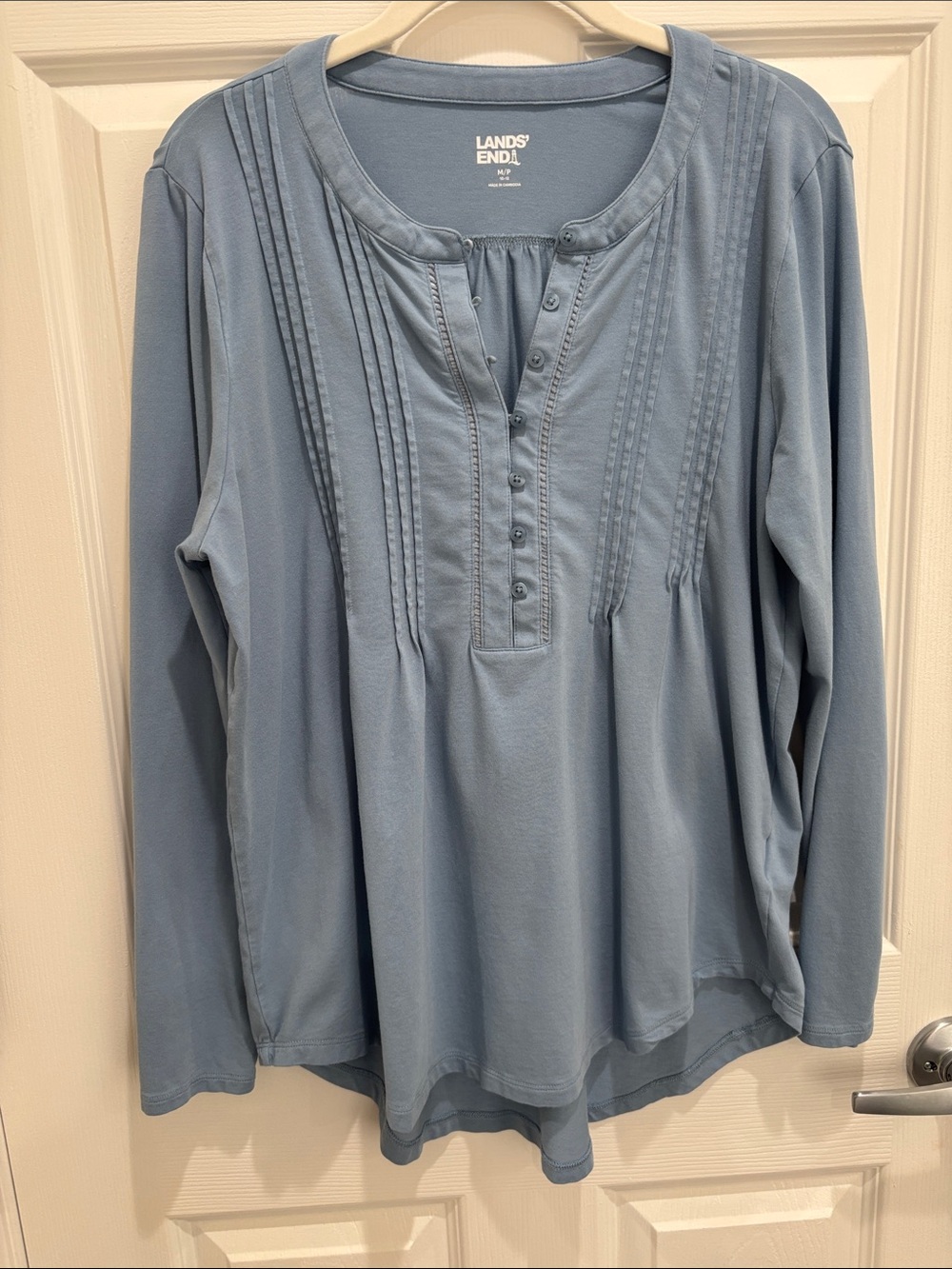 Lands’ End Blue Long Sleeve Tunic with Pleats and Buttons Cotton/Spandex